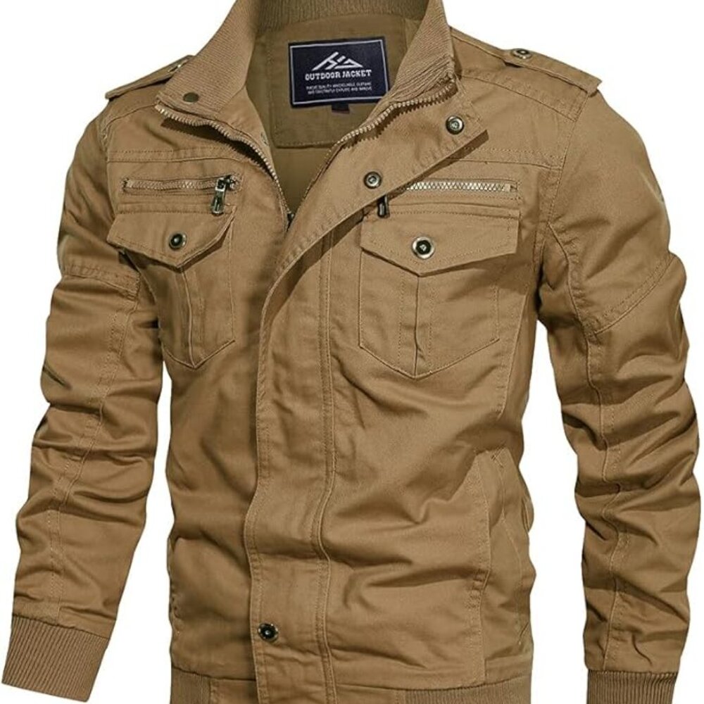 EUC Outdoor Jacket XL Men's Lightweight Cotton Khaki Military Style Jacket 7 pkt